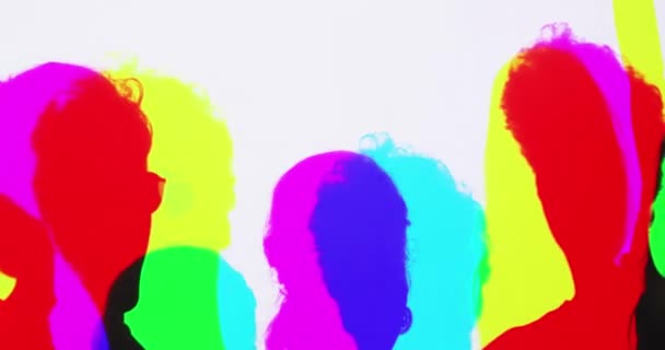 Multicolored Moving Silhouettes People Portraits White Background Youth Party — Stockvideo