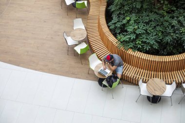 modern interior in the mall with green plants close-up with a working man at the laptop. Freelance. view from above.