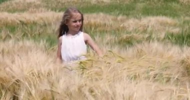 Beyaz uzun saçlı, gülümseyen küçük bir kız. Beyaz elbiseli, altın buğdaylı bir tarlada. Rüzgarlı bir havada.