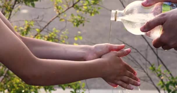 Pour Water Bottle Child Hands Wash Them Family Vacation Children — Wideo stockowe