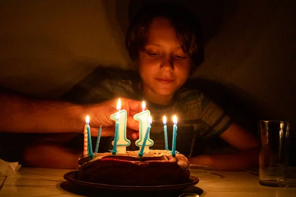 Light Candles Happy Boy Birthday Dark Horizonta — Stockfoto