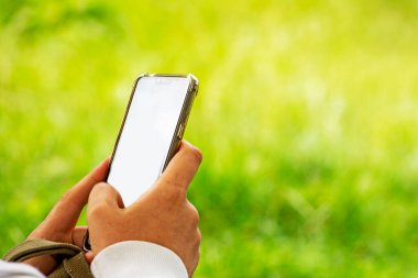 Adam piknikte çimlerin üzerinde uzanmış beyaz akıllı telefonu tutuyor. Reklam için akıllı telefon şablonu