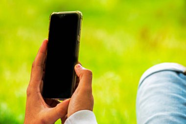 Piknikte çimlerin üzerinde uzanan akıllı telefonu ışıkta tut. Reklam için akıllı telefon şablonu