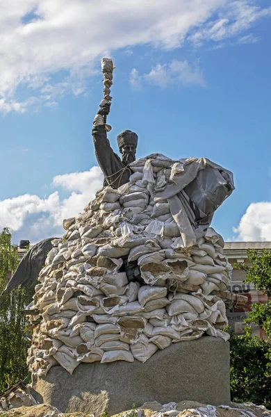 monument to Hetman Petro Sahaydachny furnished with sandbags during martial law in Ukraine. War in Ukrain