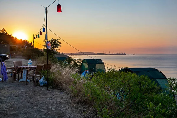 Camping Tents Mediterranean Sea Sunrise Family Vacatio — Stockfoto
