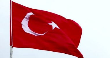 Turkish flag on a flagpole develops in the wind on a white background