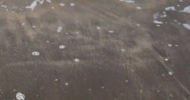 close-up of the movement of waves with foam on the beach at noon. Meditation