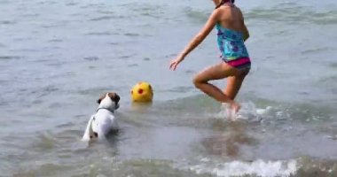 happy little girl in swimming goggles plays with a jack russell terrier in a ball on the sea. Family holiday.