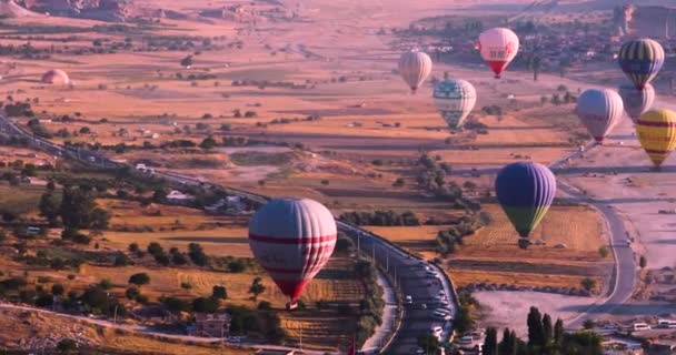 Flying Hot Air Balloons Cappadocia Valley Early Morning Top View — Stock Video