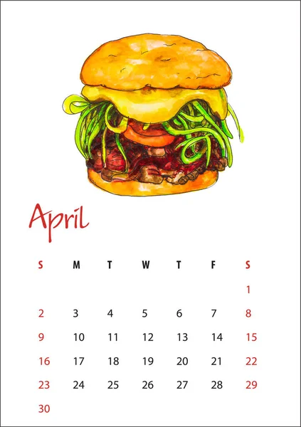 Abril 2023 Hoja Calendario Chacarera Sándwich Hamburguesa Chilena Carne Tomates — Foto de Stock