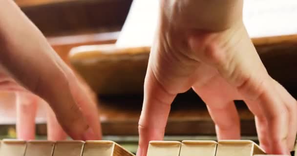 Little Pianist Plays Rhythmically Two Hands Piano Horizontal — Stock Video