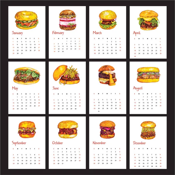 Calendar 2023 Months Popular Burgers Black Background Raster Calendar Calendar — Stock Photo, Image