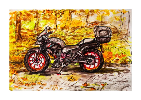 Ręcznie Rysowany Czerwony Motocykl Tle Żółtych Liści Szkic Akwarelowy — Zdjęcie stockowe