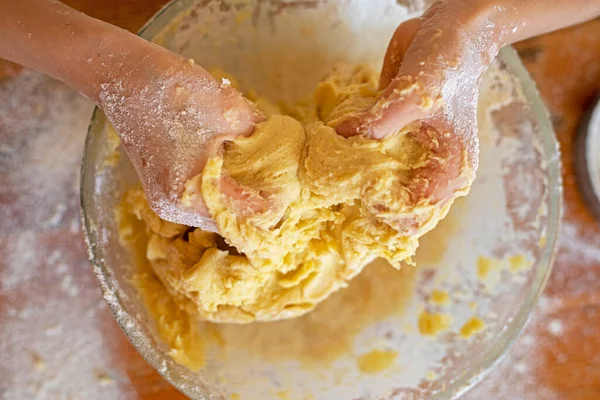 Girl Hands Stir Soft Cookie Dough Bowl Table Cooking Cookies — Stock Photo, Image