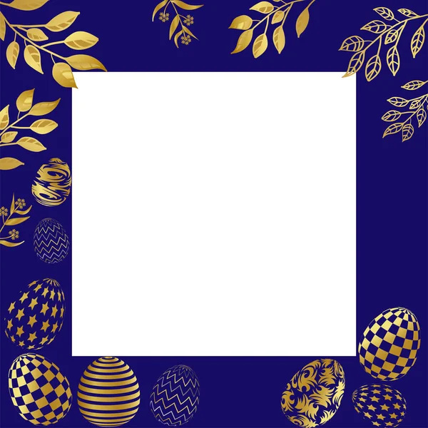 Carte de Pâques avec cadre carré, œufs décoratifs dorés et feuilles dorées — Image vectorielle