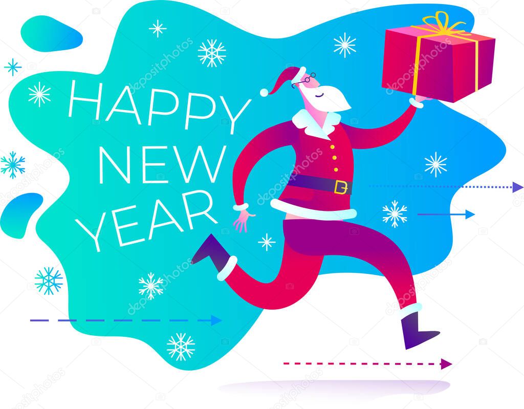 Santa Claus runs on his feet and carries a gift in his hand. Delivery of gifts.Express delivery of parcels, food, online shopping. Congratulations to Santa. Festive surprise. Christmas is approaching. Flat cartoon vector illustration.