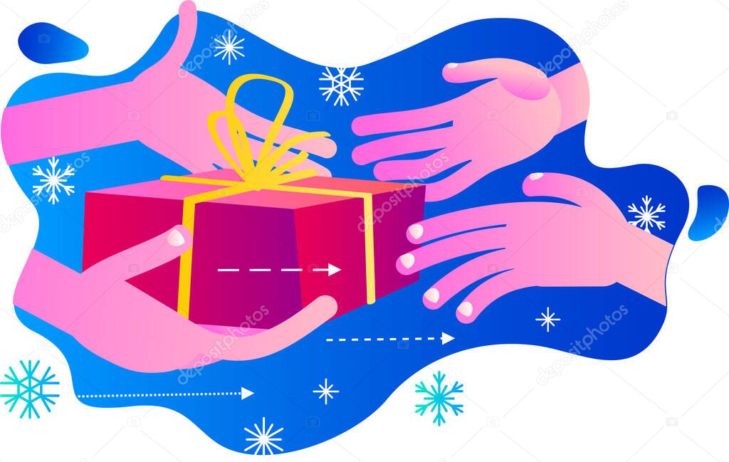 Festive Christmas illustration. Hands reach for gifts. Lots of gift boxes. New Year's surprises. Express delivery of parcels, food, online shopping. Christmas story. Holiday surprise. Flat cartoon vector illustration of cheerful character.