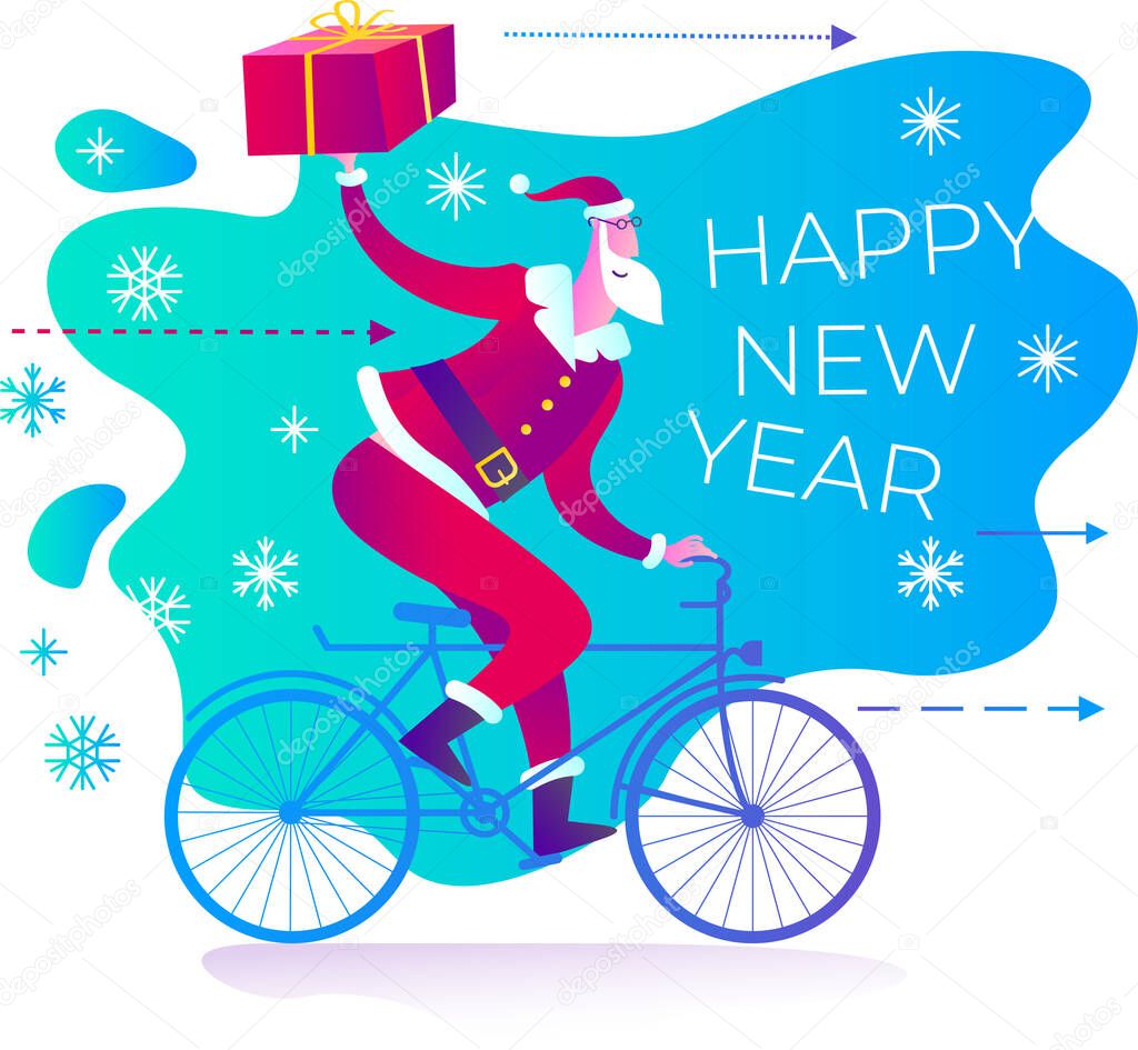 Santa Claus rides a bicycle and carries a gift in his hand. Delivery of gifts. Express delivery of parcels, food, online shopping. Congratulations to Santa. Christmas story, new year poster. Festive surprise. Christmas is approaching. 