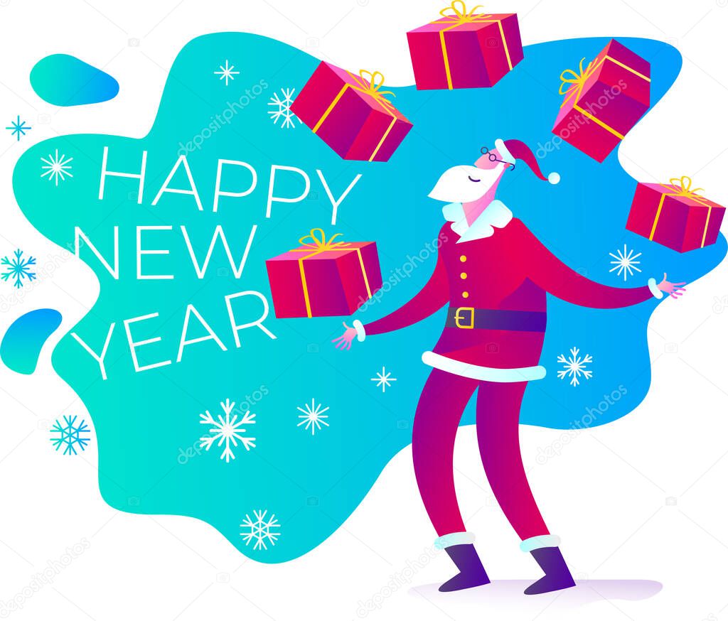 Santa Claus juggles with gift boxes. Santa Claus gives many gifts. Delivery of gifts. Congratulations to Santa. Christmas story, new year poster. Festive surprise. Christmas is approaching. Flat cartoon vector illustration of a cheerful character.