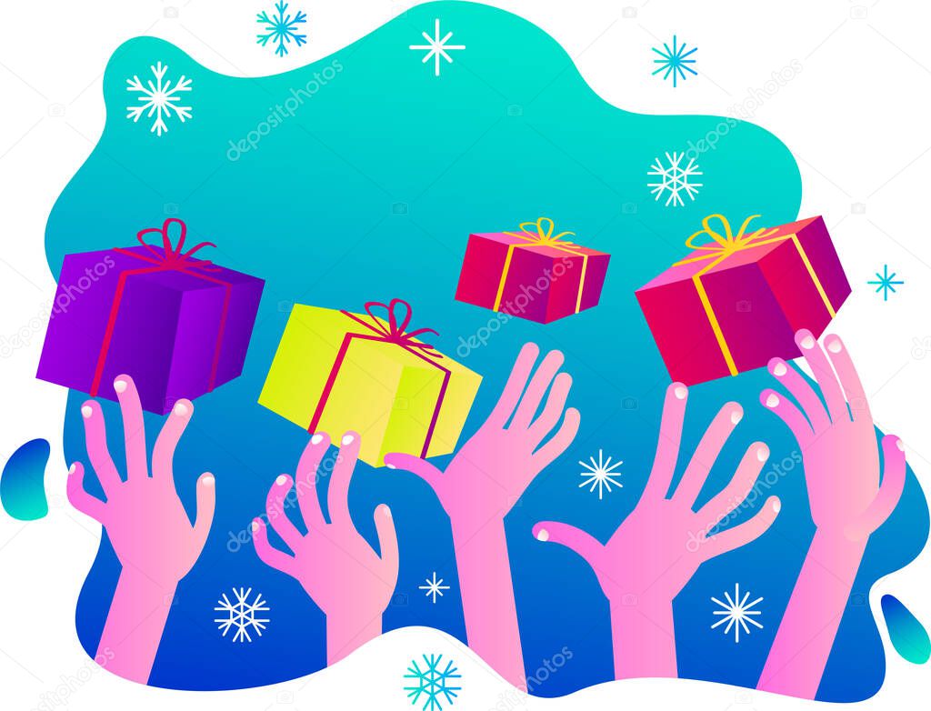 Festive Christmas illustration. Hands reach for gifts. Lots of gift boxes. New Year's surprises.  Christmas story, Christmas poster. Holiday surprise. Flat cartoon vector illustration of cheerful character.