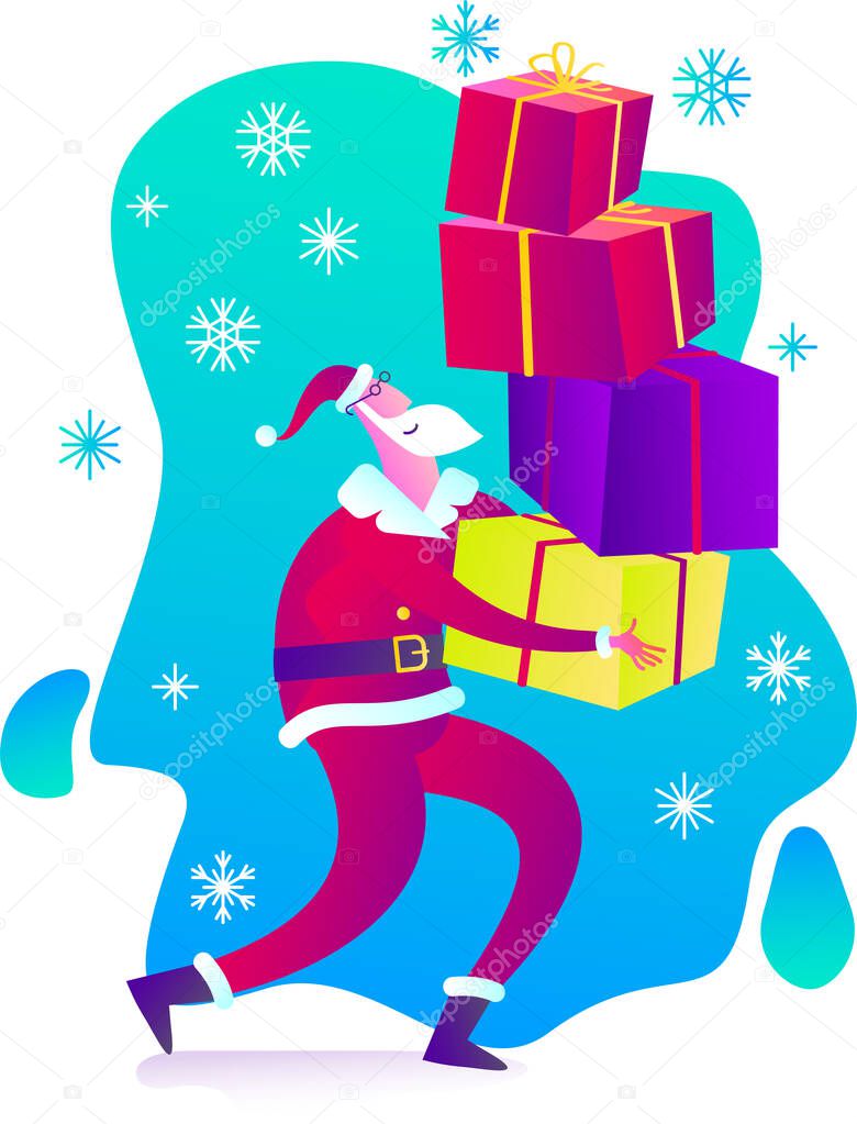 Santa Claus is holding his head with his hands, he remembered something important. Santa's Job. Santa's Congratulations. Christmas story, Christmas poster. Holiday surprise. Flat cartoon vector illustration of cheerful character.