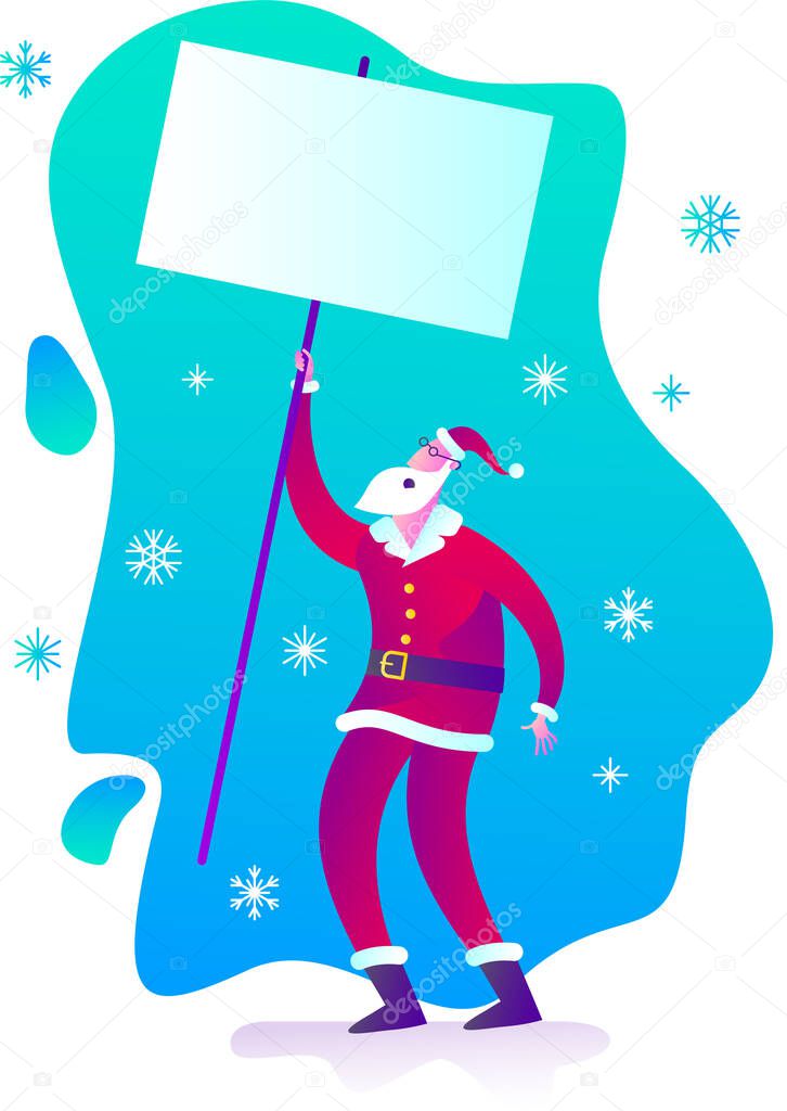 Santa Claus stands with a sign. Merry Christmas and Happy New Year greetings. Delivery of gifts. Express delivery of parcels, food, online shopping. Christmas story, new year poster. Flat cartoon vector illustration of a cheerful character.