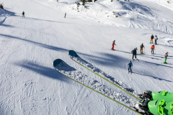Pair Ski Slope Covered Snow High Quality Photo —  Fotos de Stock