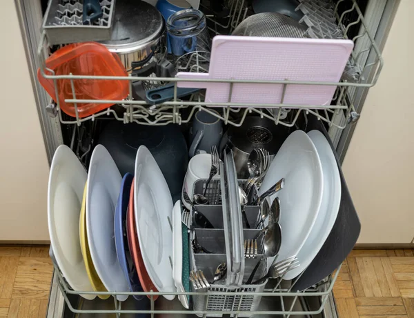 Open Dishwasher Clean Dishes Utensils Pots High Quality Photo — Zdjęcie stockowe