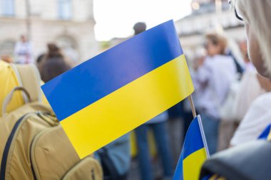 Ukraine support demonstration, people with flags and national symbols. High quality photo