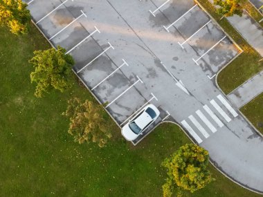 Bir arabası ve sarı sonbahar ağaçları olan bir park yeri. Yüksek kalite fotoğraf
