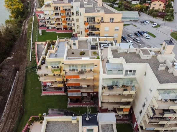 residential buildings with balconies view from above. High quality photo