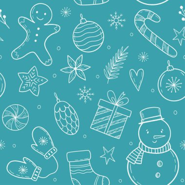  Tatil unsurlarıyla Noel deseni. Noel elementleri. Kışın elle çizilmiş illüstrasyon.