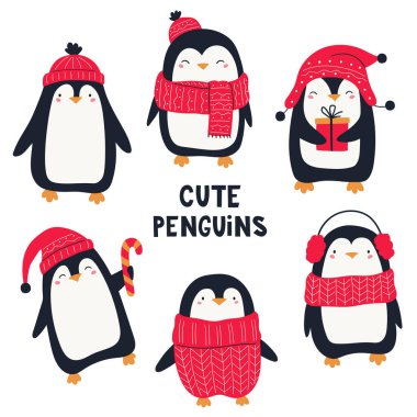Sevimli Noel penguenleri. Çizgi film penguenleri. Noel karakterleri. Vektör el çizimi çocuk çizimi. 