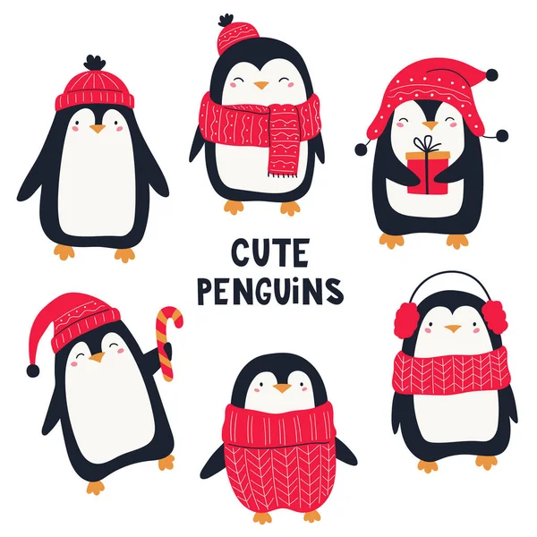 Jolis Pingouins Noël Ensemble Pingouins Dessin Animé Personnages Noël Illustration — Image vectorielle