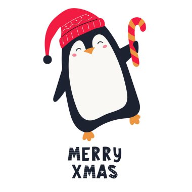  Sevimli bir Noel pengueni ve el yazısı. Noel karakterleri. Vektör el çizimi çocuk çizimi. 