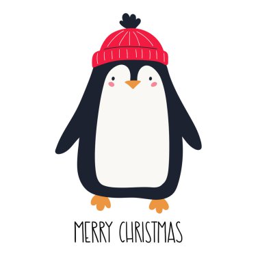  Sevimli bir Noel pengueni ve el yazısı. Noel karakterleri. Vektör el çizimi çocuk çizimi. 