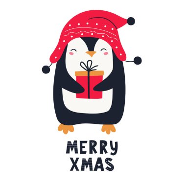  Sevimli bir Noel pengueni ve el yazısı. Noel karakterleri. Vektör el çizimi çocuk çizimi. 