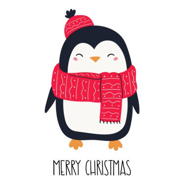  Sevimli bir Noel pengueni ve el yazısı. Noel karakterleri. Vektör el çizimi çocuk çizimi. 
