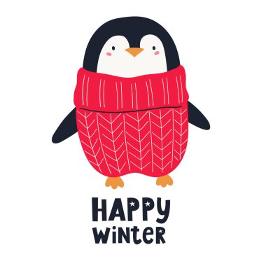  Sevimli bir Noel pengueni ve el yazısı. Noel karakterleri. Vektör el çizimi çocuk çizimi. 