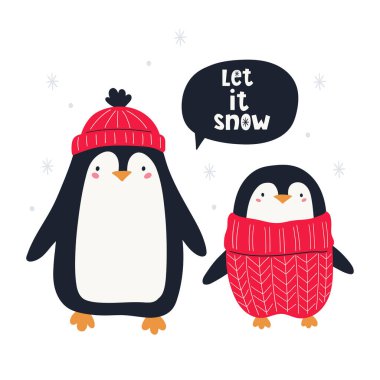  Sevimli Noel penguenleri ve el yazısı. Kar yağıyor. Noel karakterleri. Vektör el çizimi çocuk çizimi. 