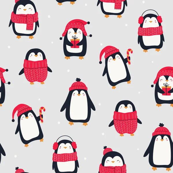 Vánoční Vzor Roztomilými Kreslených Tučňáků Sněhové Vločky Šedém Pozadí Vánoční — Stockový vektor
