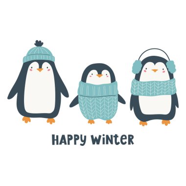  Sevimli Noel penguenleri ve el yazısı. Kış kutlu olsun. Noel karakterleri. Vektör el çizimi çocuk çizimi. 