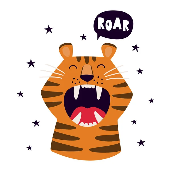 Carino Cartone Animato Tigre Disegnato Mano Con Scritte Disegnate Mano — Vettoriale Stock