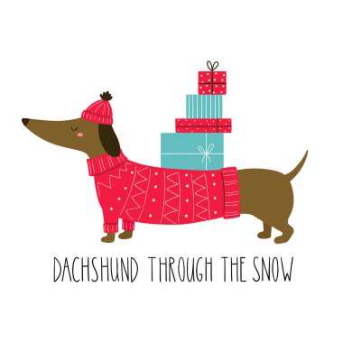  El yazısıyla çizilmiş şirin bir dachshund. Karda Dachshund. Noel karakterleri. Vektör el çizimi çocuk çizimi. 