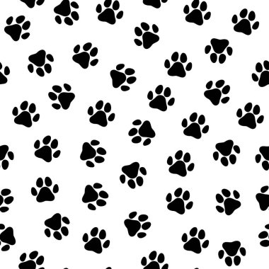  Beyaz arka planda köpek pençesi izi var. Kedi ayak izleri kusursuz desen. Hediye paketi veya kumaş tasarımı için arkaplan.