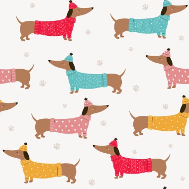  Çizgi film dachshundları ve bej arka planda pençe izleri olan kusursuz desen. Süveter ve şapkalı bir Dachshund. Noel köpeği. Dachshund giysileri. Vektör çizimi. Beyaz arkaplanda izole. 