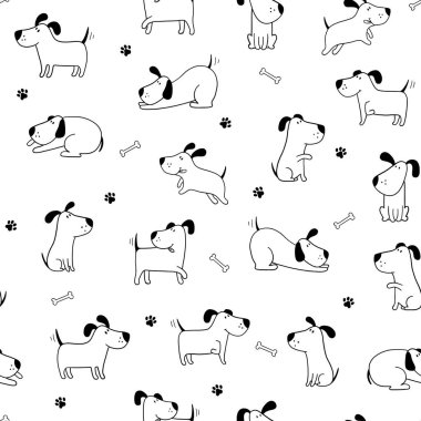  Vektör illüstrasyon modeli arkaplan tasarımı şirin köpek. Siyah ve beyaz. Karikatür tarzı. Robot resim tarzında güzel köpekler çizersin. Tekstil, giysi, çarşaf, ofis malzemeleri için..