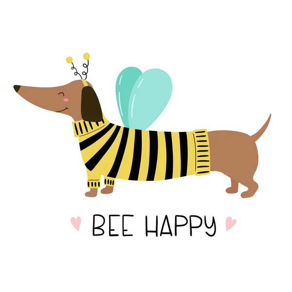 Симпатичная Такса Нарисованными Руки Буквами Пчела Счастлива Смешная Собака Пчелином Векторная Графика