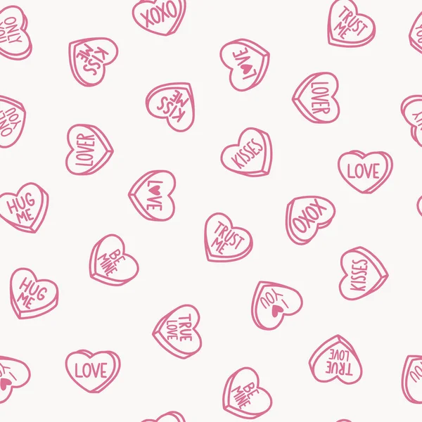 Zökkenőmentes Minta Candy Hearts Rózsaszín Háttérrel Cukorka Szív Formájában Üzenetekkel — Stock Vector