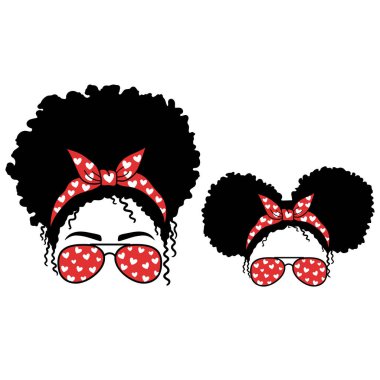  Sevgililer günü annesi ve çocuğu. Havacı gözlükleri, bandanası ve kalp izi olan kadın yüzü ve kız yüzü. Kirli Çörek Anne Yaşam Tarzı. Pis Çörek Kız Yaşam Tarzı. Sevgililer Günü için vektör illüstrasyonu. 